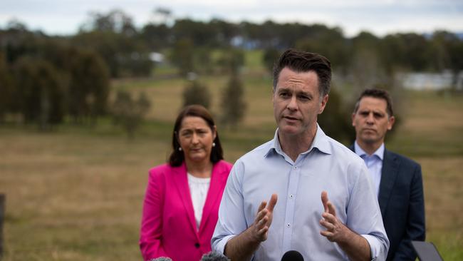 Labor candidate for Gilmore, Fiona Phillips, left, with state Labor leader Chris Minns, and health spokesman Ryan Park. Picture: Nathan Schmidt