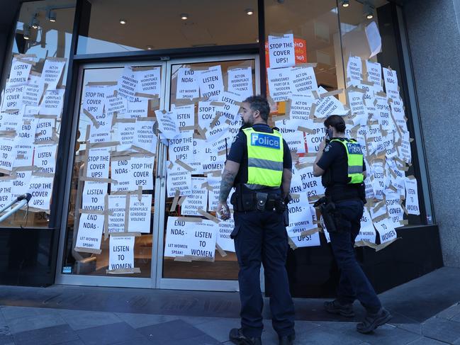 Country Road protest posters. Country Road Chapel street store was hit with protest posters over the Head office sex abuse scandals of women. Police arrive at the store.                       Picture: David Caird