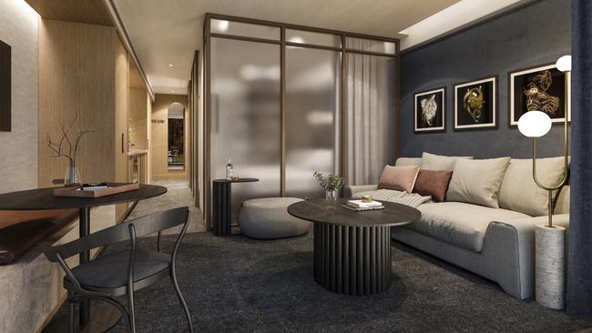 An artist's impression of what the living rooms will look like at The Sebel Ringwood hotel. Picture: Supplied