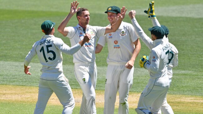 Australian players celebrate during their day three demolition. Picture: Getty Images