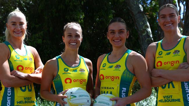 NETBALL AUSTRALIA: 2023 ITS Origin Australian DIamonds Leadership Team. (Left to right): Joanna Weston, Paige Hadley, Liz Watson and Courtney Bruce. October 7, 2023. Australian Institute of Sport (AIS), Canberra, Australian Capital  Territory (ACT), Australia. Photo: Joanna Margiolis, Netball Australia.