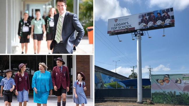 Marsden State High School principal Andrew Peach; John Paul College’s billboard at Kingston and John Paul College’s principal Karen Spiller.