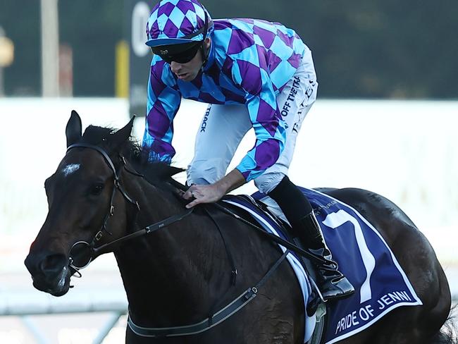 SYDNEY, AUSTRALIA - APRIL 13: Declan Bates riding Pride of Jenni wins Race 8 Queen Elizabeth Stakes during Sydney Racing: The Championships at Royal Randwick Racecourse on April 13, 2024 in Sydney, Australia. (Photo by Jeremy Ng/Getty Images)