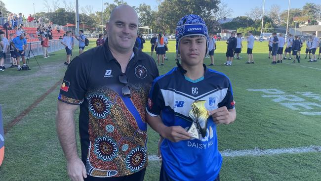 Kobe Te Kiri (right) pictured after a man of the match performance for King’s Christian College’s Year 8 rugby league grand final win over Redcliffe State High earlier this month.