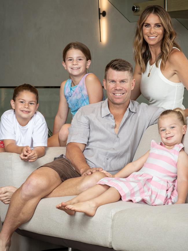 David Warner with Candice and daughters Ivy Mae, Indi Rae, and Isla Rose. Picture: Julian Andrews