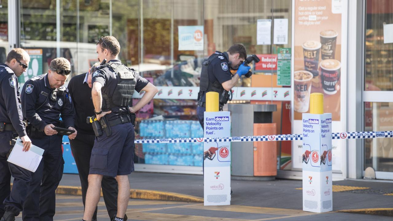 Police investigations at the scene of an alleged stabbing at the 7 Eleven on the corner of Bridge Street and Hillview Avenue. Saturday, July 31, 2021. Picture: Nev Madsen.