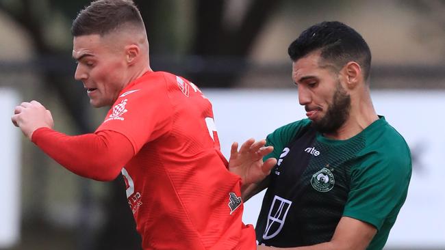 Soccer NPL: North Geelong Warriors hosting Bentleigh Greens at Elcho Park.Bentleigh Greens 8 Mario Barcia and North Geelong Warriors 3 Charlie FlemingPicture: Mark Wilson