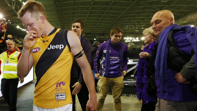 An emotional Jack Riewoldt after hugging his family. Picture: Michael Klein