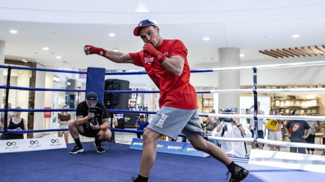 Australian fighter Tim Tszyu trains at a promotional event in Newcastle ahead of his fight with Dennis Hogan. Picture: Iron Monkey Photography