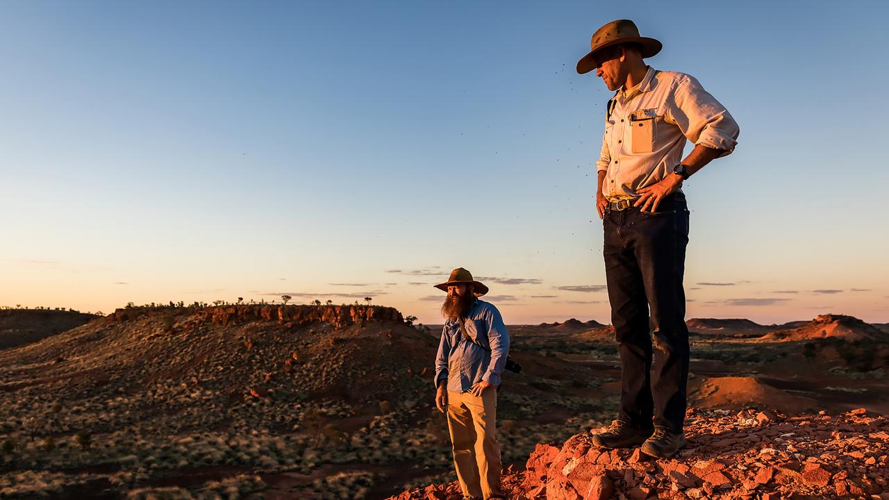 Outback in Focus photography competition finalist. PhD researchers Al Healy (L) and Nick Leseberg (R) at Pullen Pullen Night Parrot Reserve, in western Queensland, photographed by Lachlan Gardiner.