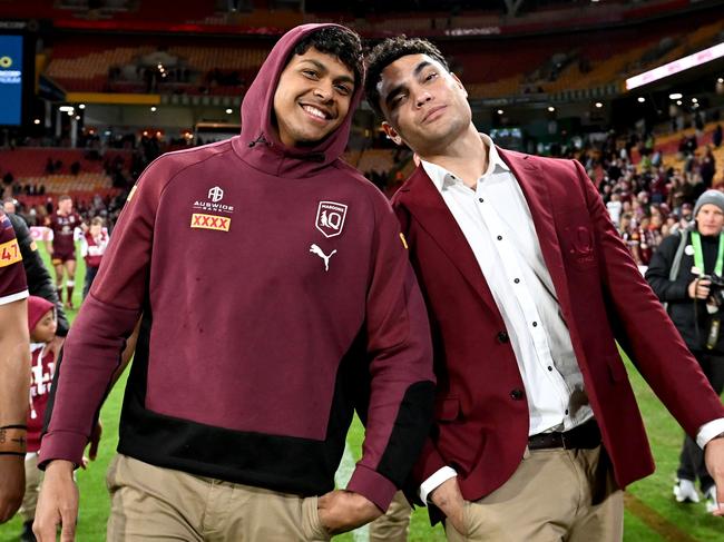 (L-R) Selwyn Cobbo and Xavier Coates of Queensland celebrate victory after game three of the 2022 State of Origin Series. Picture: Getty Images