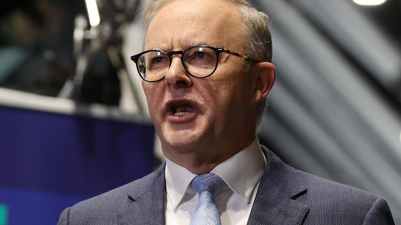 Anthony Albanese during the press conference in question. Picture: Liam Kidston