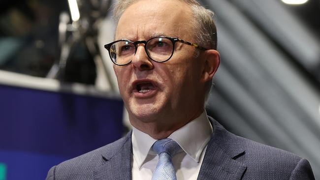 Anthony Albanese during the press conference in question. Picture: Liam Kidston