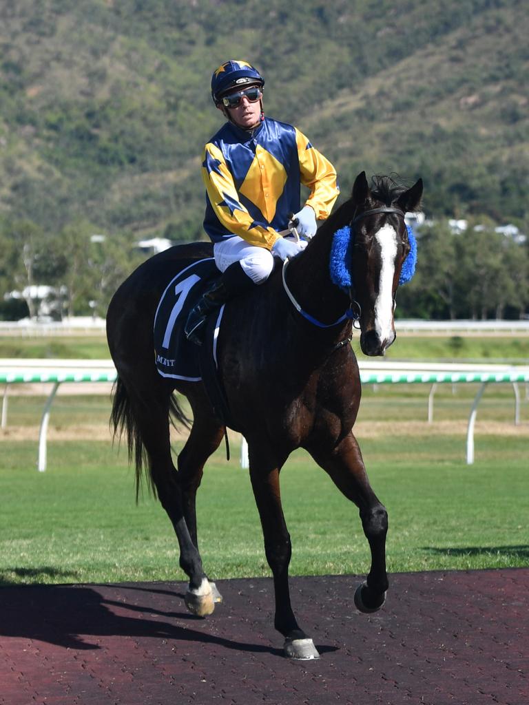 Finish of Race 2 at Cluden. Ryan Wiggins on Divine Wit win Klein Tools Maiden Plate. Picture: Evan Morgan