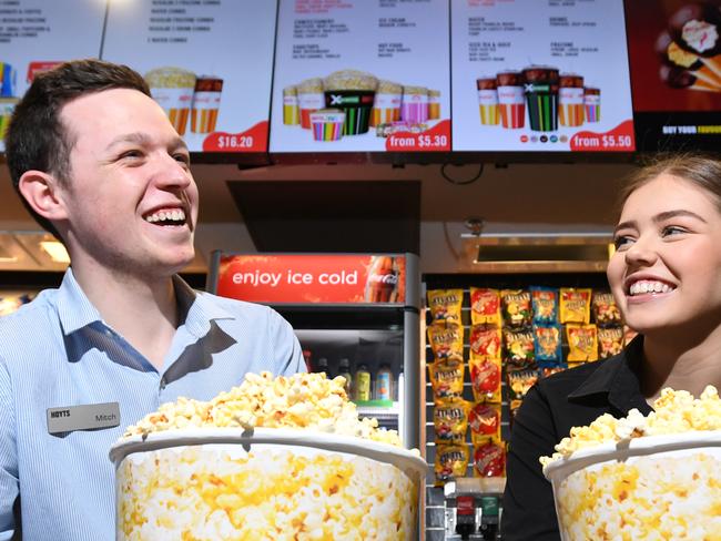 Hyots cinema staff members, Mitchell Leyton(Left) and Georgia Mignot pose for a photograph at the cinema in Broadmeadows Central in Melbourne on Tuesday, October 17, 2017. The shopping centre will be hosting a job fair with over 200 positions available and Hoyts will be a main participant. (AAP Image/James Ross) NO ARCHIVING