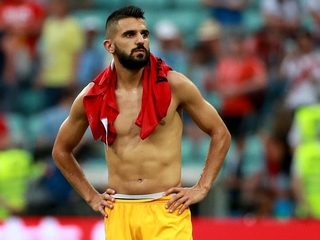 SoccerooÕs Aziz Behich stands in the middle of the pitch after the 2-0 loss during the Socceroos v Peru match at Fisht Stadium in Sochi during the 2018 World Cup in Russia. Picture: Toby Zerna