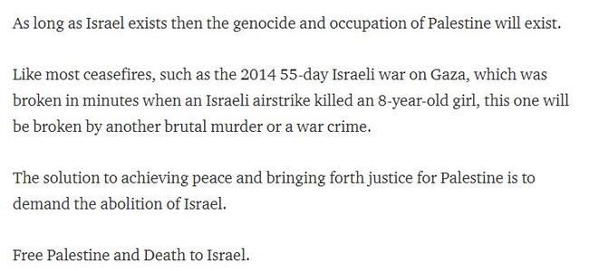 A screengrab of the On Dit article calling for "death to Israel".