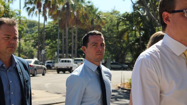 Zach Rolfe and his legal team arrive at the Supreme Court in Darwin on Wednesday. Picture: Jason Walls