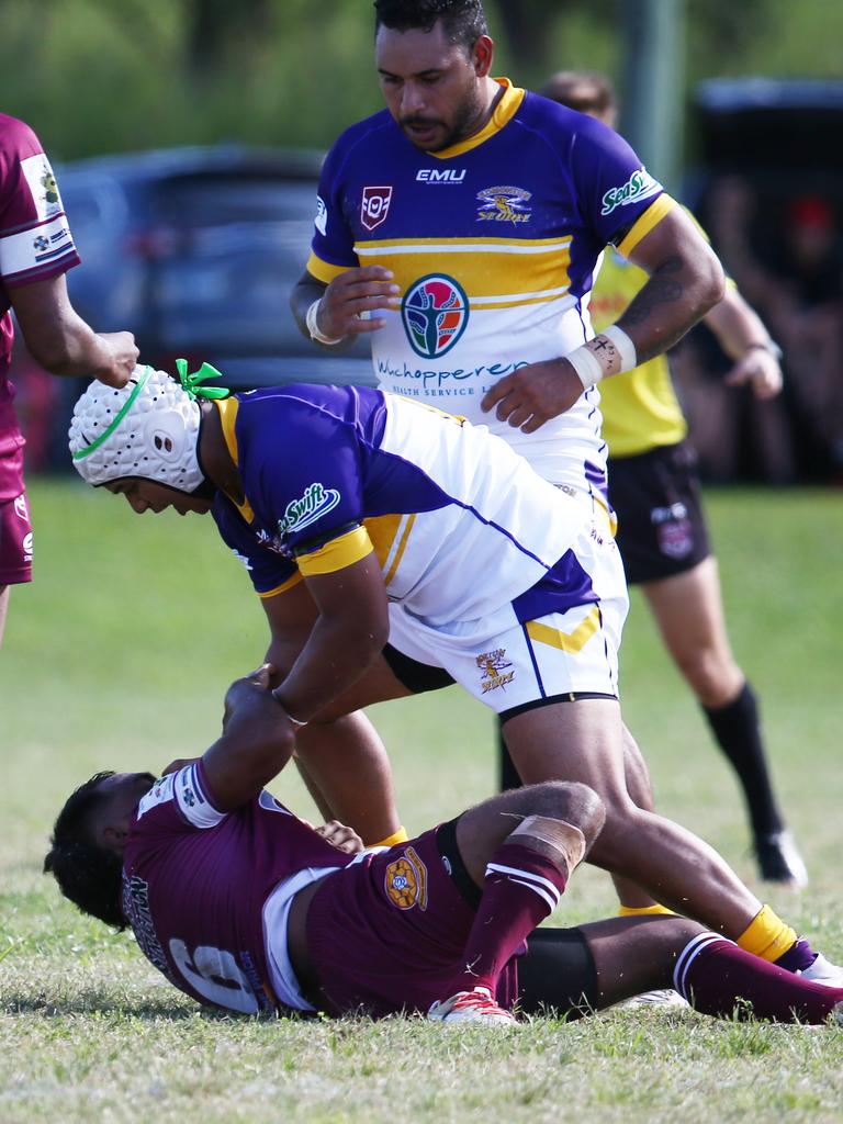 Edmonton's Tyrees Crathern stands over Yarrabah's Coleridge Pabah after he threw a punch at his team mate in the Cairns and District Rugby League (CDRL) match between, the Edmonton Storm and the Yarrabah Seahawks, held at Peterson Park, Edmonton. Picture: Brendan Radke