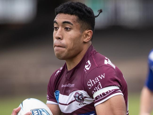 Action pictures from the SG Ball match between Manly v Bulldogs, at Brookvale Oval, on 6th March 2021.Picture shows.Manly's Tolutau Koula SCORES A TRY(Pictures by Julian Andrews).