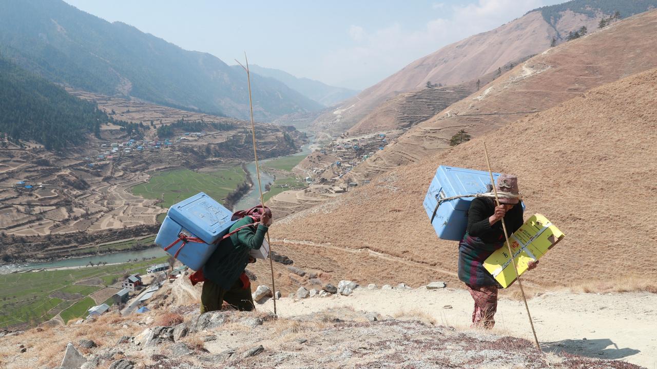 Porters carry Covid-19 vaccines in cold storage boxes on their back to health facilities in a remote district of Nepal. Picture: UNICEF