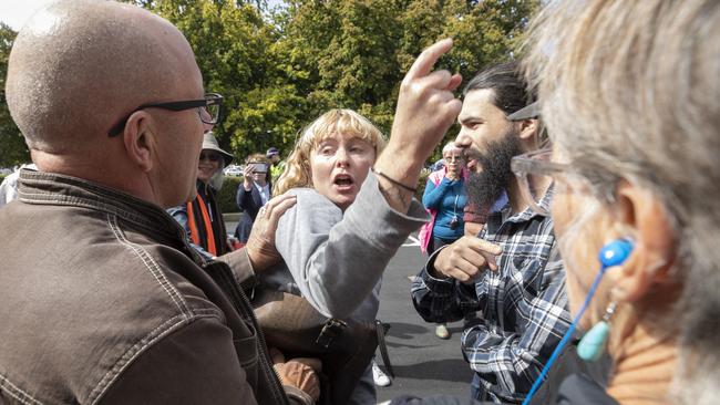 Anti-trans activists outside the Tasmanian Parliament as Equality Tasmania and LGBTQI+ supporters counter protest the Let Women Speak rally. Picture: Chris Kidd