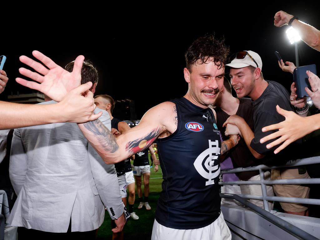 Zak Williams is congratulated by Blues fans on Friday night. Picture: Dylan Burns/AFL Photos via Getty Images