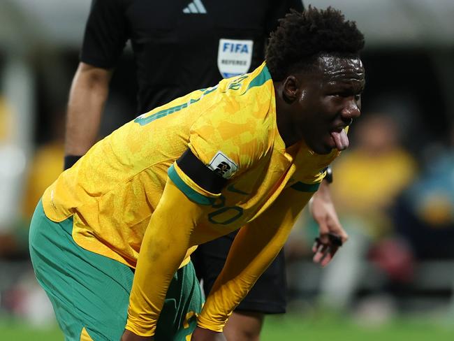 PERTH, AUSTRALIA - JUNE 11: Nestory Irankunda of the Socceroos lines under pressure from  a penalty kickduring the Second Round FIFA World Cup 2026 Qualifier match between Australia Socceroos and Palestine at HBF Park on June 11, 2024 in Perth, Australia. (Photo by Will Russell/Getty Images)