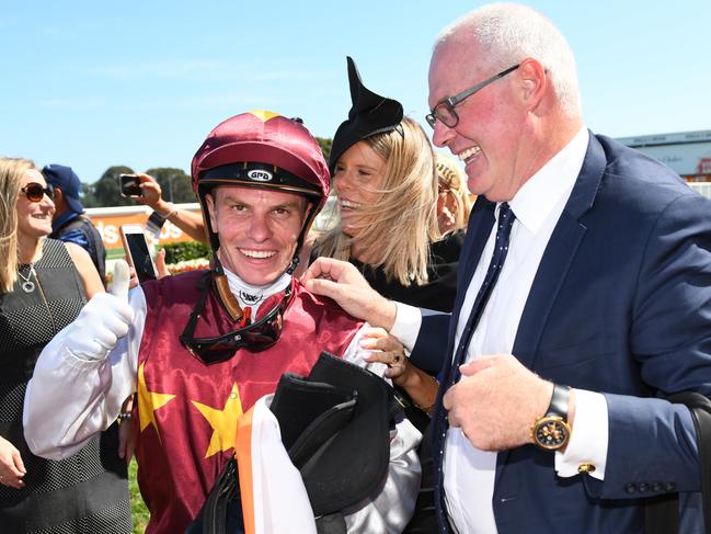 Jockey Ben Melham after he rode Streets of Avalon to victory in race 6, the Pfd Food Services Futurity Stakes, during Blue Diamond Stakes Day at Caulfield Racecourse in Melbourne in February 22, 2020. Picture: AAP