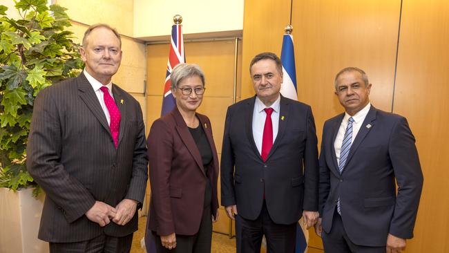 Foreign Minister Penny Wong meets with, from left, Australian ambassador to Israel Ralph King, then Israeli foreign minister Israel Katz and Israeli ambassador to Australia Amir Maimon during a visit to Jerusalem in January. Picture: DFAT