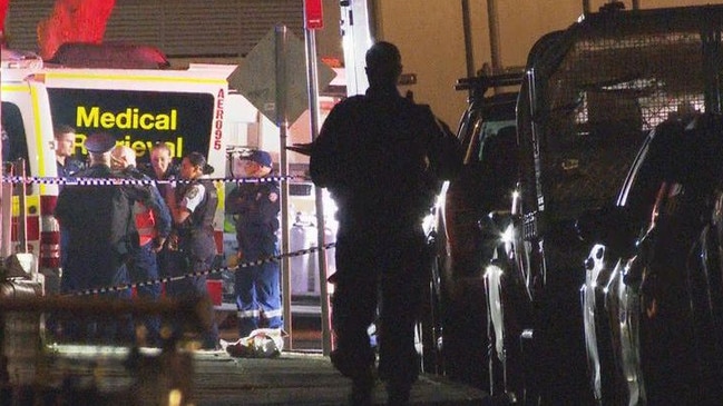 Police remain at the scene of where a man was shot dead in Canterbury overnight. Picture: Nine News