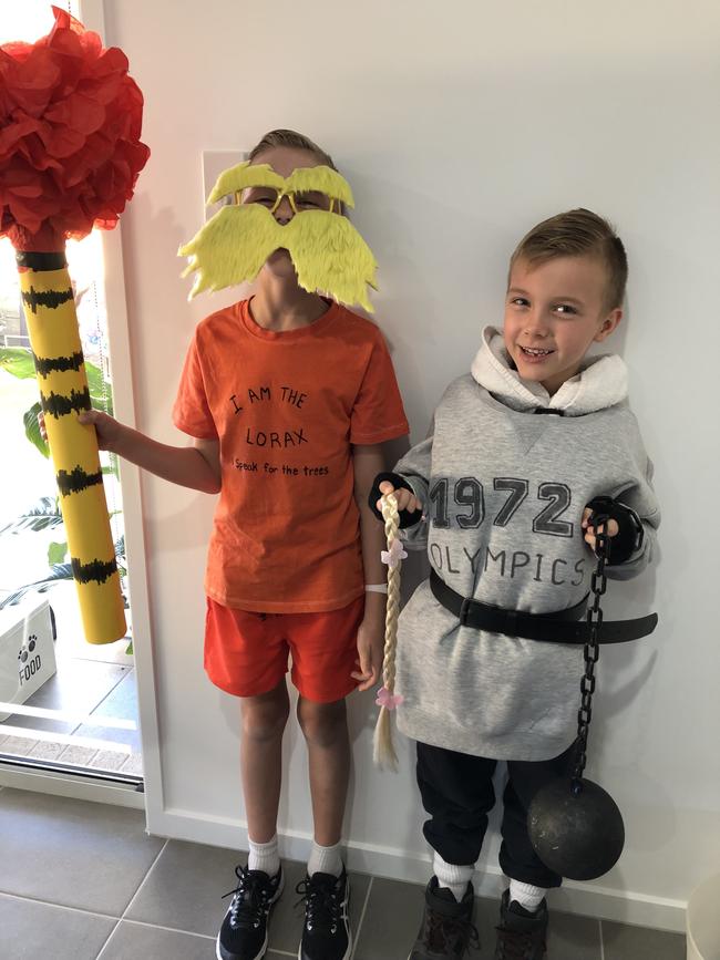 Lachlan (9yrs old) is The Lorax by Dr Seuss with his Truffula tree and Oliver (6yrs old is) is The Trunchbull from Matilda by Roald Dahl, with her hammer throw and the hair of Amanda Thripp. Picture: Aimee House