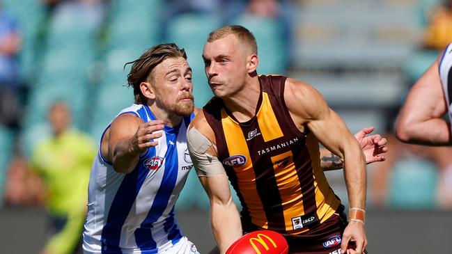 James Worpel spent periods at half-forward as Hawthorn coach Sam Mitchell tries to develop flexibility in the Hawks’ young midfield group. Picture: Dylan Burns / Getty Images