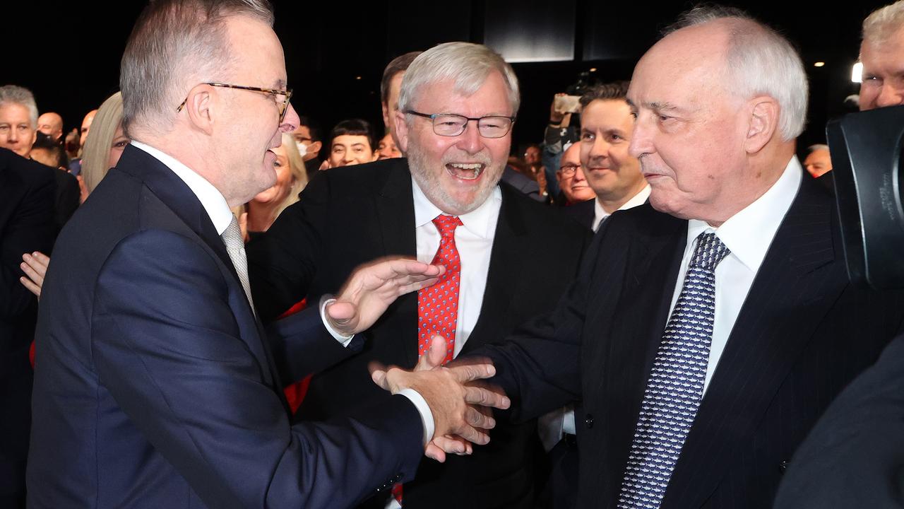 Labor leader Anthony Albanese welcomed by Kevin Rudd and Paul Keating. Picture: Liam Kidston.