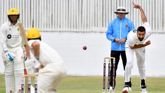 Souths bowler Harmon Sandhu South Brisbane v Wests in the Sci-Fleet first grade competition. Saturday October 1, 2022. Picture, John Gass