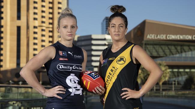 South Adelaide's Sam Pratt and Glenelg captain Ellie Kellock will face off in a do-or-die semi-final this Sunday. Picture: SANFL/David Mariuz