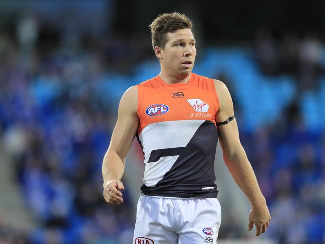 Toby Greene of the Giants during the Round 13 AFL match between the North Melbourne Kangaroos and the GWS Giants at Blundstone Arena in Hobart, Sunday, June 16, 2019.  (AAP Image/Rob Blakers) NO ARCHIVING, EDITORIAL USE ONLY