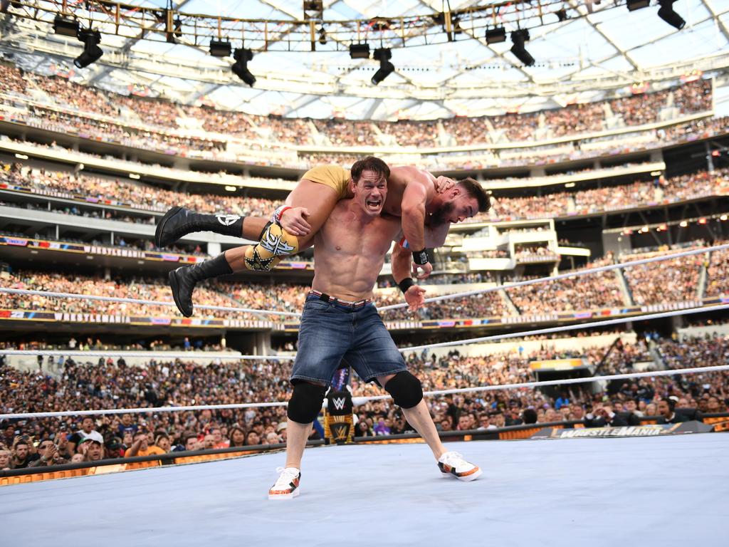 Wrestlemania 39 WWE superstar turned Hollywood actor John Cena with Austin Theory. Picture: WWE