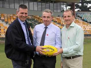 Lismore Council's general manager Gary Murphy, Member for Page Kevin Hogan and mayor Isaac Smith welcomed the fast tacking of $3M upgrade funding for Oakes Oval. Picture: ON THE BALL: Alison Paterson