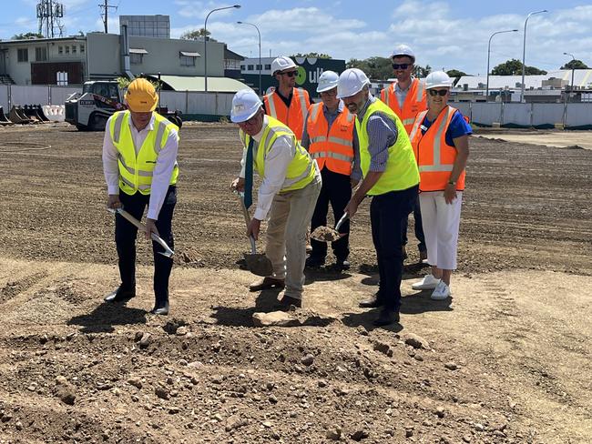 Deputy Mayor Denis Chapman and Assistant Minister for Regional Development Senator Anthony Chisholm turn the sod on the Fraser Coast council's new administration building in Hervey Bay.