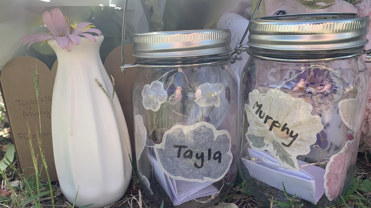 Tributes left by family, friends and members of the community at the house where Tayla and baby Murphy Margaret lived before allegedly murdered on August 8, 2023.