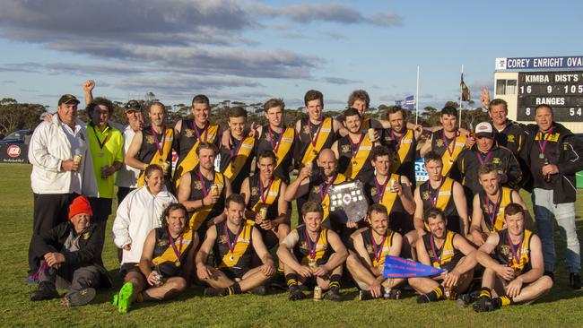 Kimba Districts 2019 premiers Eastern Eyre Football League Back from left: Trainer Shane Hannan, runner Josh Vandeleur, runner Jeff Koch, Shannan Larwood, Matthew Vandeleur, Max Ramsey, Bailey Francis, Thomas Klingberg, Nick Collins, Jesse Kemp, David Dunbar, Dylan Bone, Assistant Coach Brad Woolford, Coach Matt Lienert, Assistant Coach Mark Enright. Middle: Trainer Kirsty Gregory, Ryley Maitland, Brook Seal, Captain Joel Fitzgerald, Nathan Ryan, Darcy Noll, Reece Rasyon. Front: Team Manager Daniel Horgan, Andrew Vandeleur, Dion Woolford, Bryce Hampel, Dale Rayson, Zane Stutley and Ben Clements. Picture: Kerri Cliff, Fresh Eyre Photography