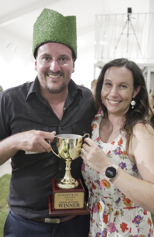 Winning lawn king Brenton Rouhan with wife Kiri at the Mort and Co Lawn of Fame award night at The Lighthouse Toowoomba on January 31, 2025.