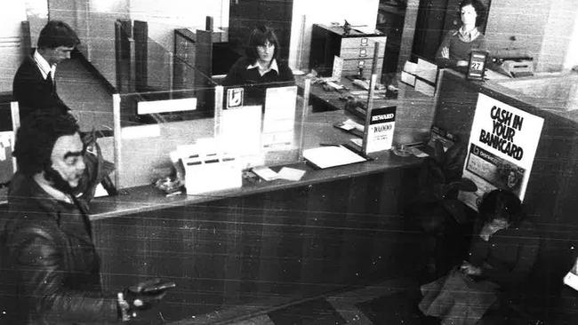 Peter Morgan menaces staff and customers at the Heathcote CBC in April 26, 1979 including ledgerkeeper Jan Murphy (top right, arms folded) and teller Stephen Spark (top centre).