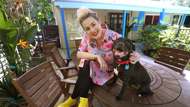 Singer-songwriter Katie Noonan with her dog Sassy at home in Queensland’s Sunshine Coast hinterland near Eumundi. Picture: Lyndon Mechielsen