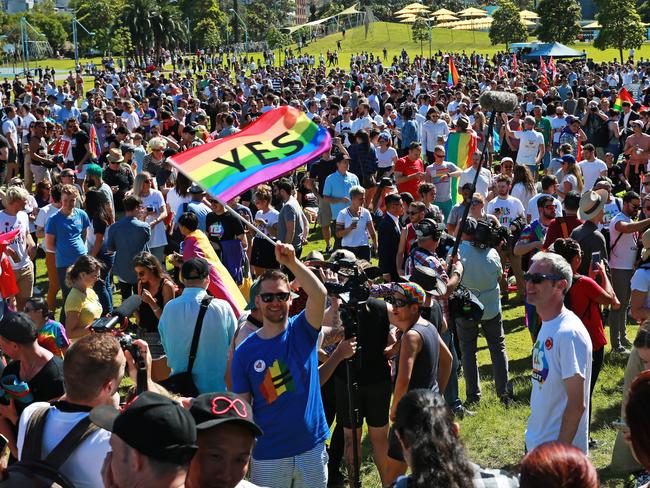 Marriage Equality supporters at Prince Alfred Park in Surry Hills for the plebiscite announcement. Picture: Toby Zerna