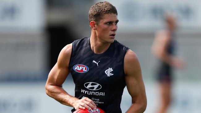 Charlie Curnow at a Blues pre-season training session. Picture: Michael Willson/AFL Photos via Getty Images