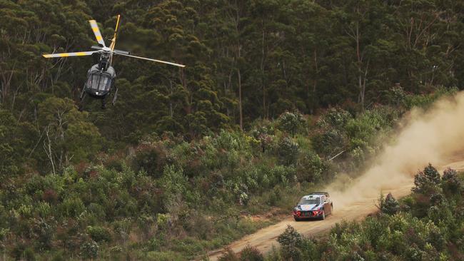 Hayden Paddon driving his Hyundai WRC followed by a helicopter slides and jumps in scenic country side, on a rally stage just north of Coffs Harbour, NSW. Lyndon Mechielsen/The Australian