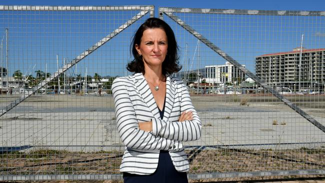 Townsville Enterprise CEO Claudia Brumme-Smith at the empty site of the proposed new aquarium in Flinders Street. Picture: Evan Morgan