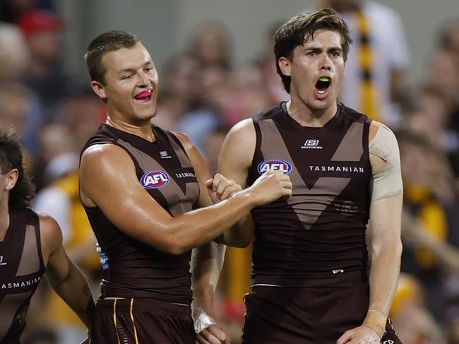 SYDNEY, AUSTRALIA - MARCH 07: Will Day of the Hawks celebrates a goal during the AFL Opening Round match between Sydney Swans and Hawthorn Hawks at Sydney Cricket Ground, on March 07, 2025, in Sydney, Australia. (Photo by Darrian Traynor/AFL Photos/via Getty Images)